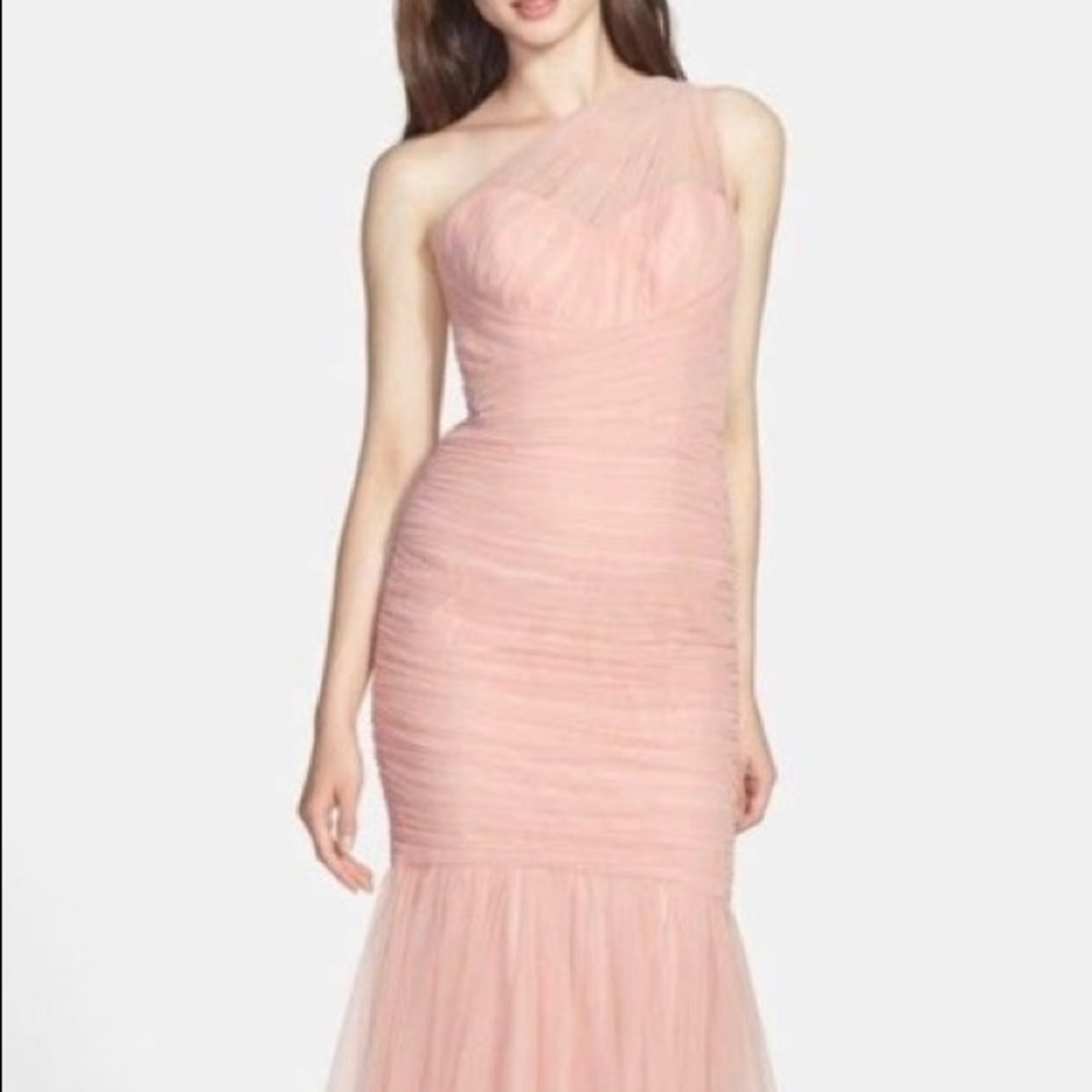 Amsale tulle one shoulder mermaid bridesmaid dress